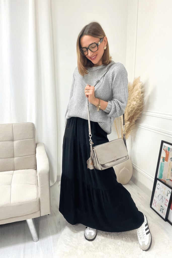 Gray Knit Sweater with a Black Tiered Maxi Skirt Gray Knit Sweater with a Black Tiered Maxi Skirt — Trendy Casual Church Outfit