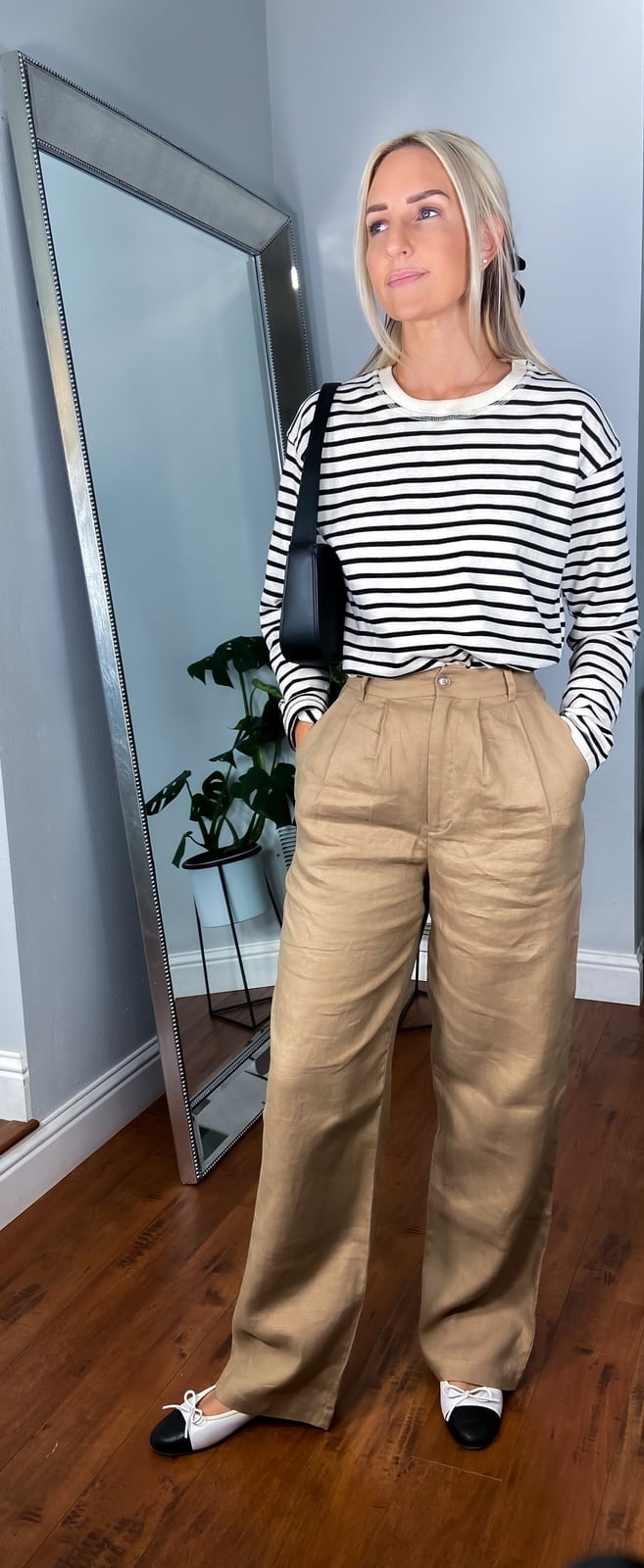 Striped T-Shirt with Beige Linen Trousers Striped T-Shirt with Beige Linen Trousers — Trendy Casual Church Outfit