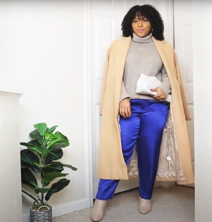 Camel Coat Over a Gray Turtleneck and Satin Trousers Camel Coat Over a Gray Turtleneck and Satin Trousers — Trendy Casual Church Outfit