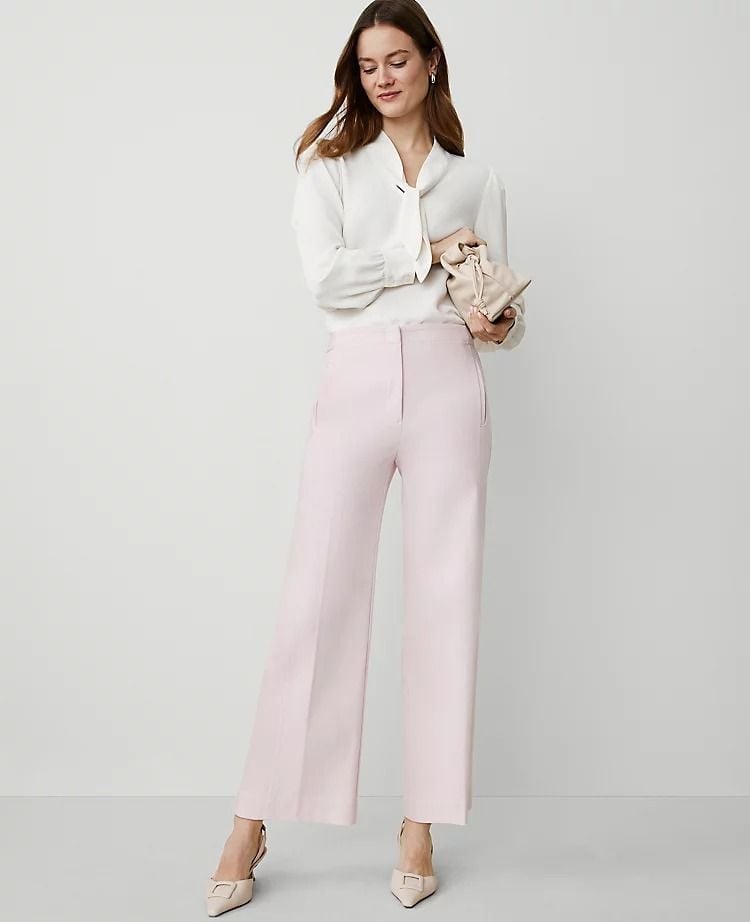 Pale Pink Wide-Leg Trousers and a White Blouse Pale Pink Wide-Leg Trousers and a White Blouse — Trendy Casual Church Outfit