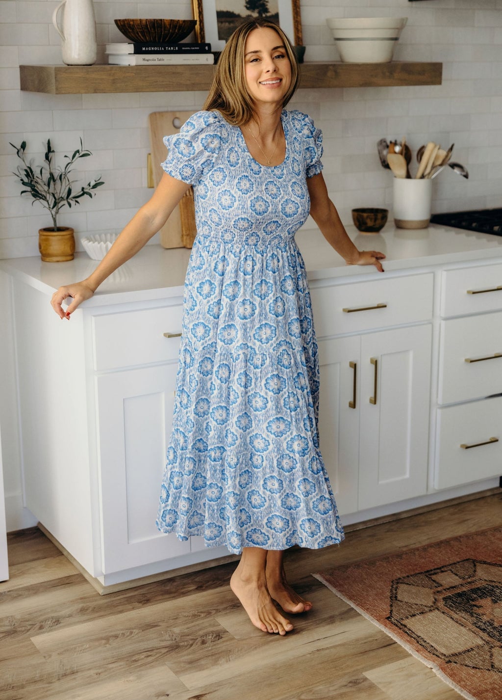 Blue and White Floral Puff Sleeve Midi Dress Blue and White Floral Puff Sleeve Midi Dress — Trendy Casual Church Outfit
