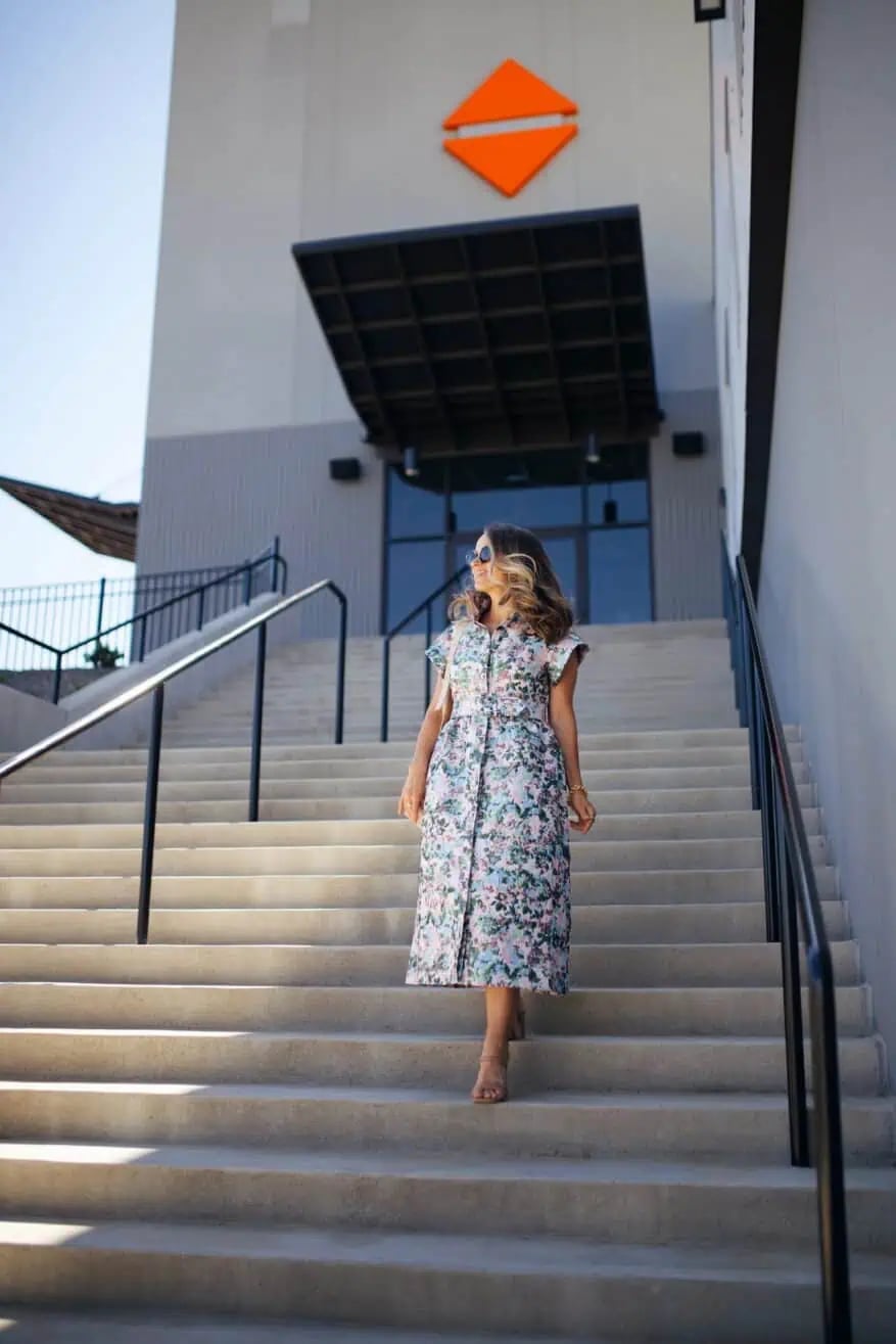 Pastel Floral Print Midi Dress with Sunglasses Pastel Floral Print Midi Dress with Sunglasses — Trendy Casual Church Outfit