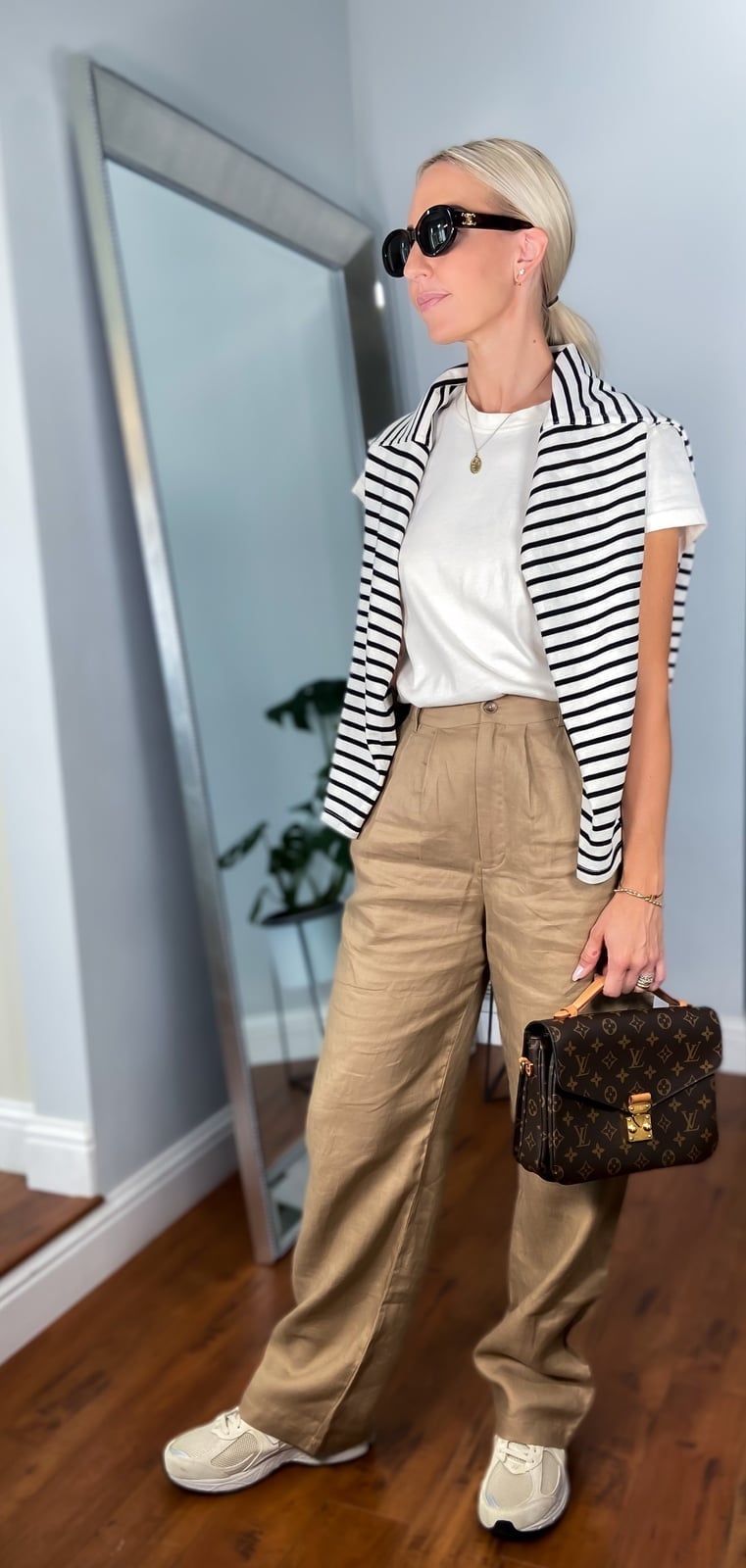 Beige Wide-Leg Trousers with Striped Sweater Beige Wide-Leg Trousers with Striped Sweater — Trendy Casual Church Outfit