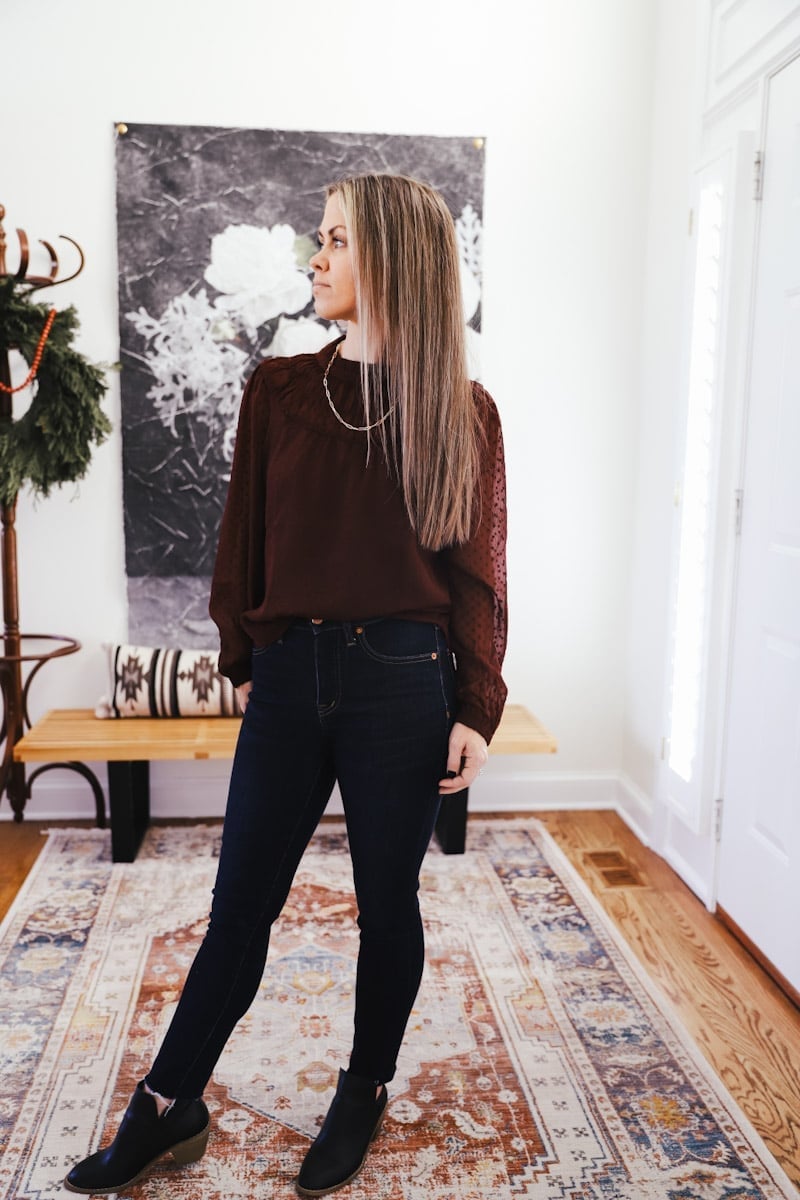 Burgundy Textured Blouse with Polka Dot Sleeves Burgundy Textured Blouse with Polka Dot Sleeves — Trendy Casual Church Outfit