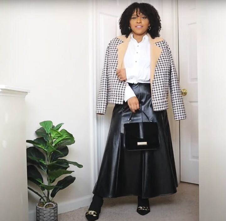 Houndstooth Jacket Over a White Shirt and Faux Leather Skirt Houndstooth Jacket Over a White Shirt and Faux Leather Skirt — Trendy Casual Church Outfit