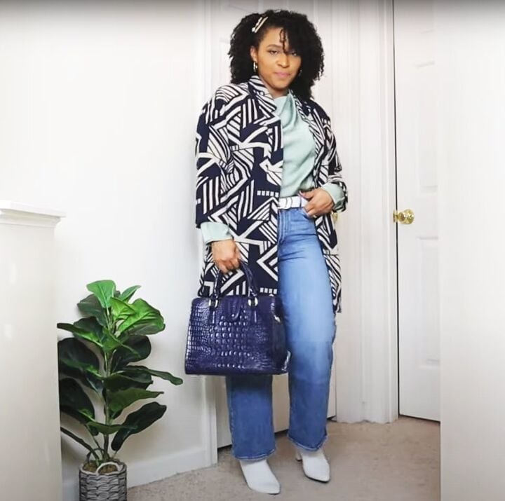 Geometric Patterned Coat Over a Turtleneck and Jeans Geometric Patterned Coat Over a Turtleneck and Jeans — Trendy Casual Church Outfit