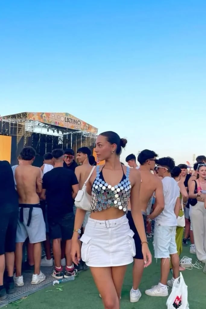 Silver Sequin Halter Top with White Cargo Mini Skirt Silver Sequin Halter Top with White Cargo Mini Skirt — Trendy Casual Concert Outfit
