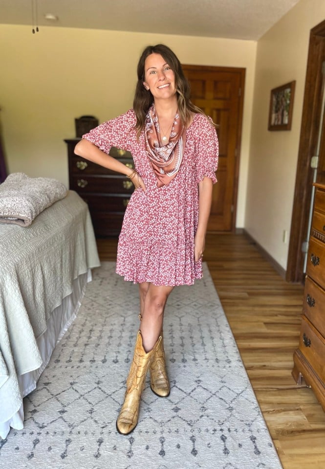 Pink Floral Print Babydoll Dress with Cowboy Boots and Silk Scarf Pink Floral Print Babydoll Dress with Cowboy Boots and Silk Scarf — Trendy Casual Concert Outfit
