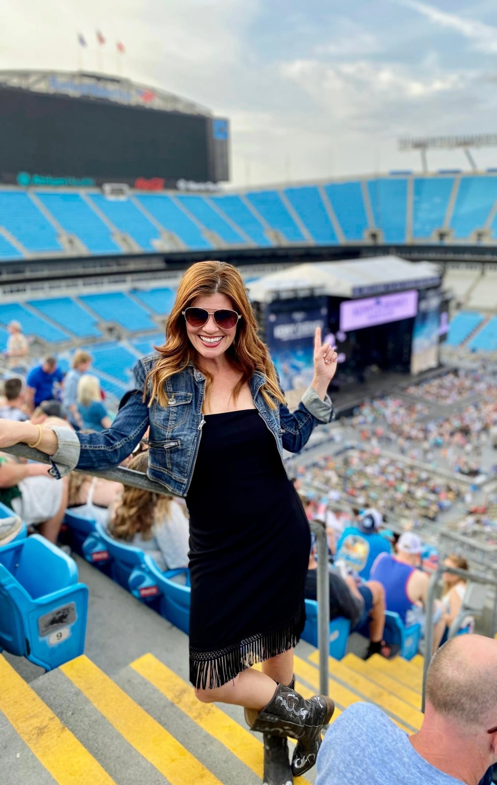Black Strapless Dress with Fringe Detail and Denim Jacket Black Strapless Dress with Fringe Detail and Denim Jacket — Trendy Casual Concert Outfit