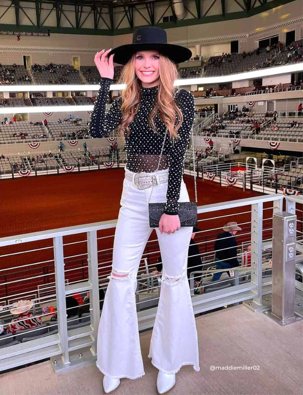 Distressed White Flare Jeans with Sparkly Mesh Top and Pointed Boots Distressed White Flare Jeans with Sparkly Mesh Top and Pointed Boots — Trendy Casual Concert Outfit