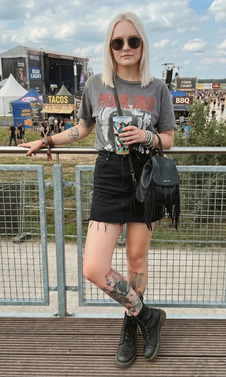 Gray Band T-Shirt with Distressed Black Denim Mini Skirt Gray Band T-Shirt with Distressed Black Denim Mini Skirt — Trendy Casual Concert Outfit