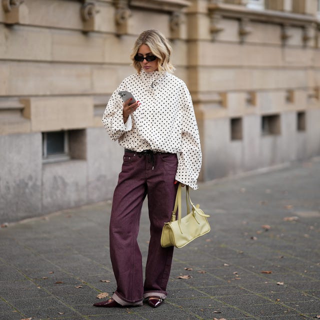 Burgundy Wide-Leg Trousers with Polka Dot Blouse Burgundy Wide-Leg Trousers with Polka Dot Blouse — Trendy Casual Dinner Outfit