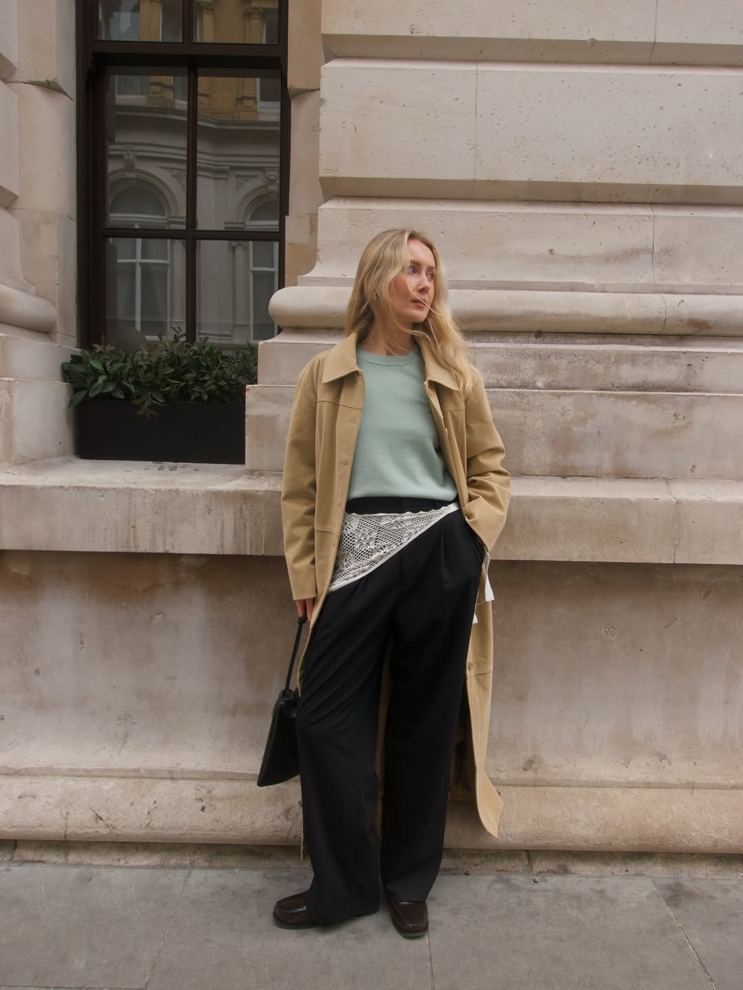 Beige Trench Coat with Patterned Waist Sash Beige Trench Coat with Patterned Waist Sash — Trendy Casual Dinner Outfit