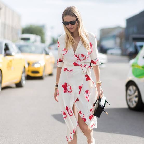 White Midi Wrap Dress with Red Floral Print White Midi Wrap Dress with Red Floral Print — Trendy Casual Dinner Outfit