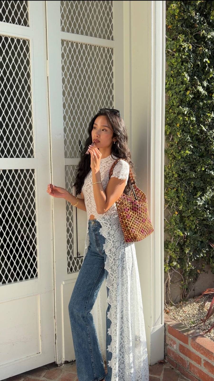 Lace Overlay Skirt with Denim and Lace Top Lace Overlay Skirt with Denim and Lace Top — Trendy Casual Dinner Outfit