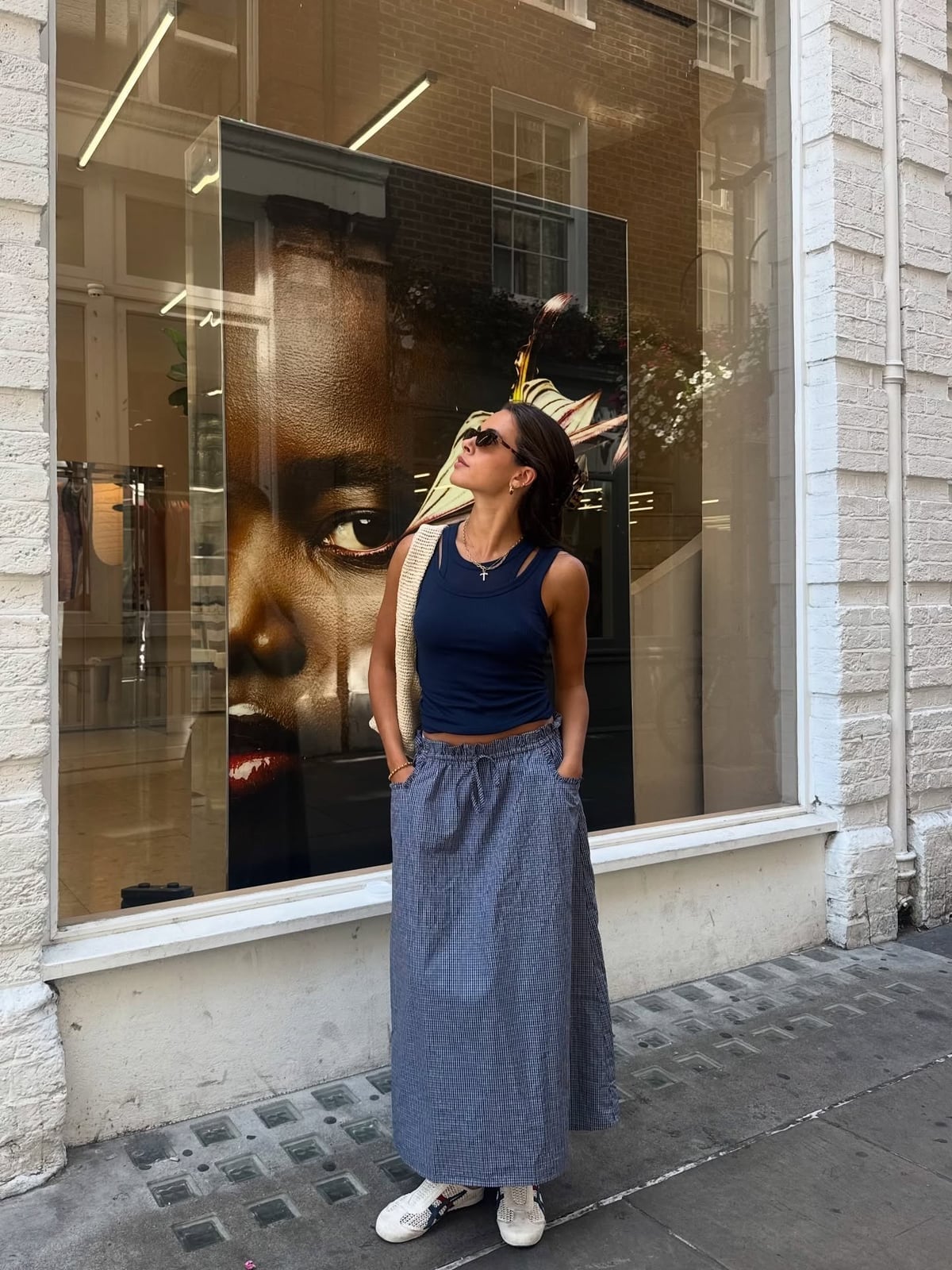 Gray Gingham Maxi Skirt with Navy Tank Top Gray Gingham Maxi Skirt with Navy Tank Top — Trendy Casual Dinner Outfit