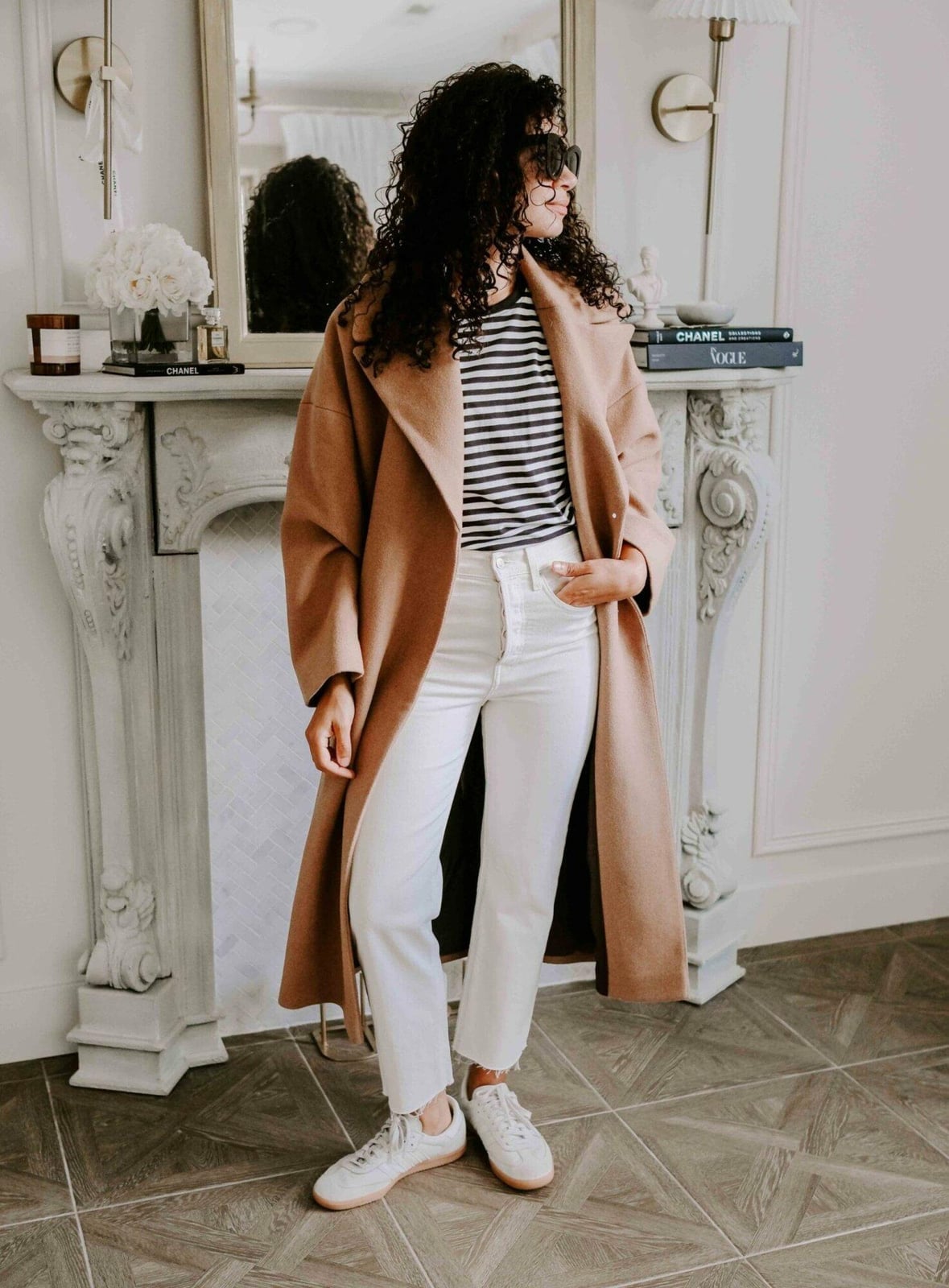 Long Camel Coat Over Striped T-Shirt and Jeans Long Camel Coat Over Striped T-Shirt and Jeans — Trendy Casual Dinner Outfit