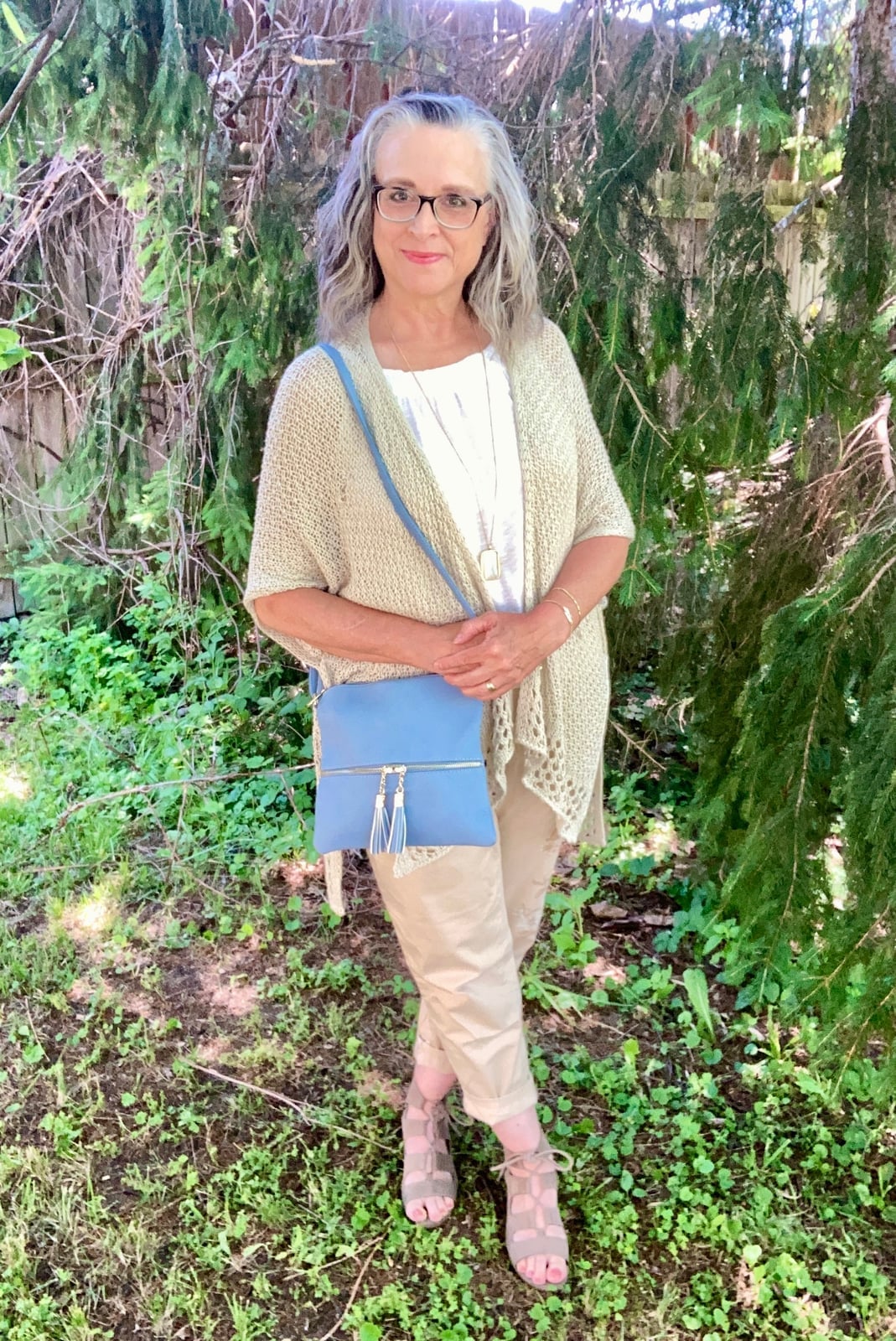 Cream Knit Cardigan Over White Top with Khaki Trousers Cream Knit Cardigan Over White Top with Khaki Trousers — Trendy Casual Dinner Outfit