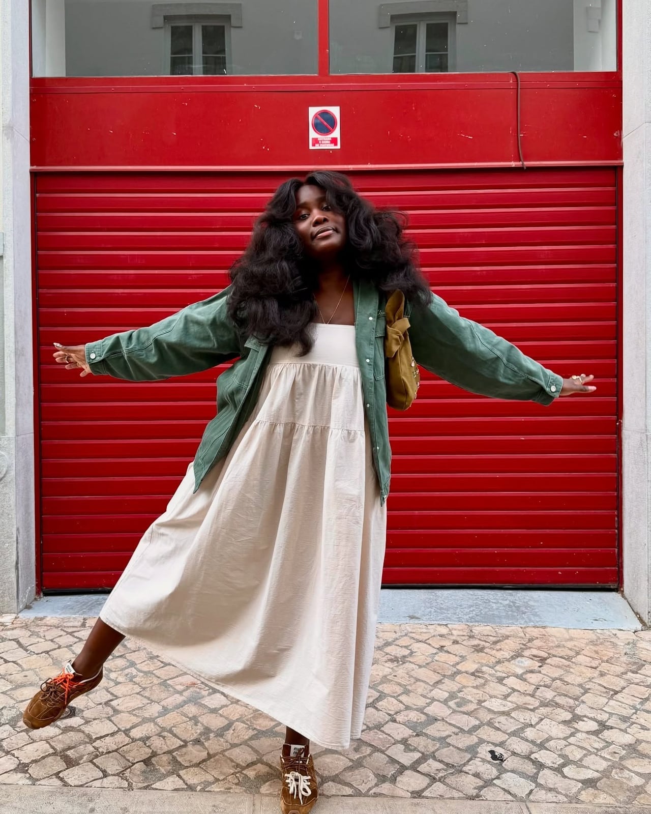 Green Oversized Jacket Over Beige Tiered Dress Green Oversized Jacket Over Beige Tiered Dress — Trendy Casual Dinner Outfit