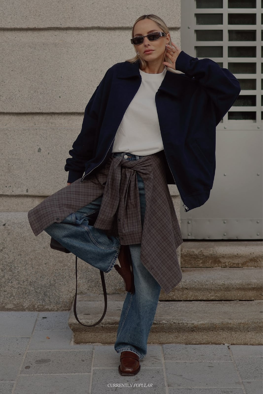 Navy Bomber Jacket with Plaid Shirt Detail Navy Bomber Jacket with Plaid Shirt Detail — Trendy Casual Dinner Outfit