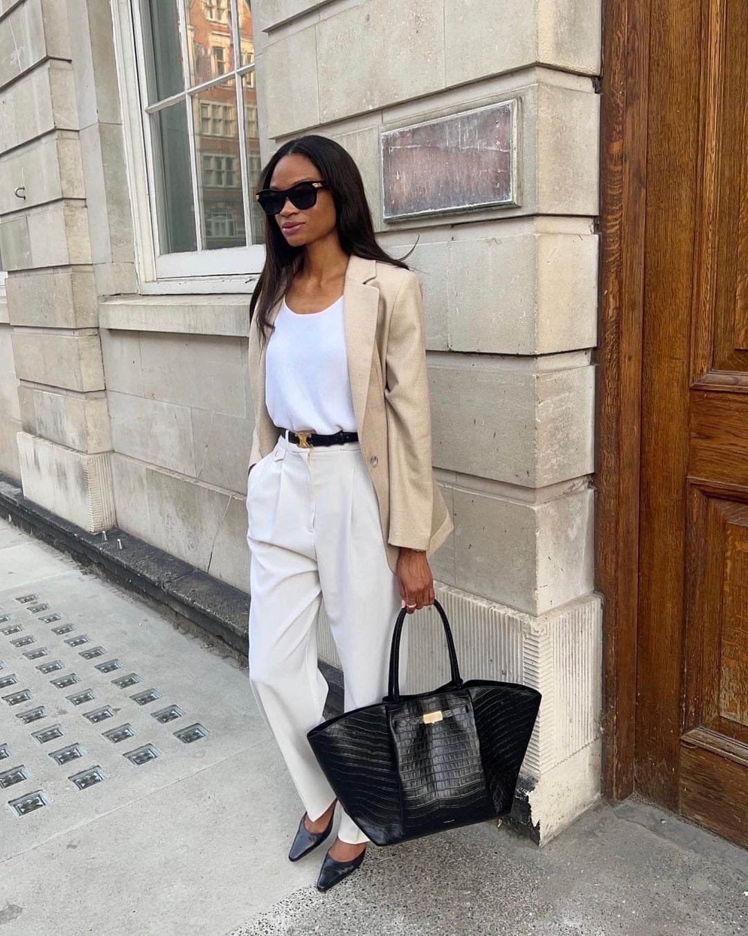 Beige Blazer with Cream Wide Leg Trousers and White Tank — Trendy Casual Office Outfit