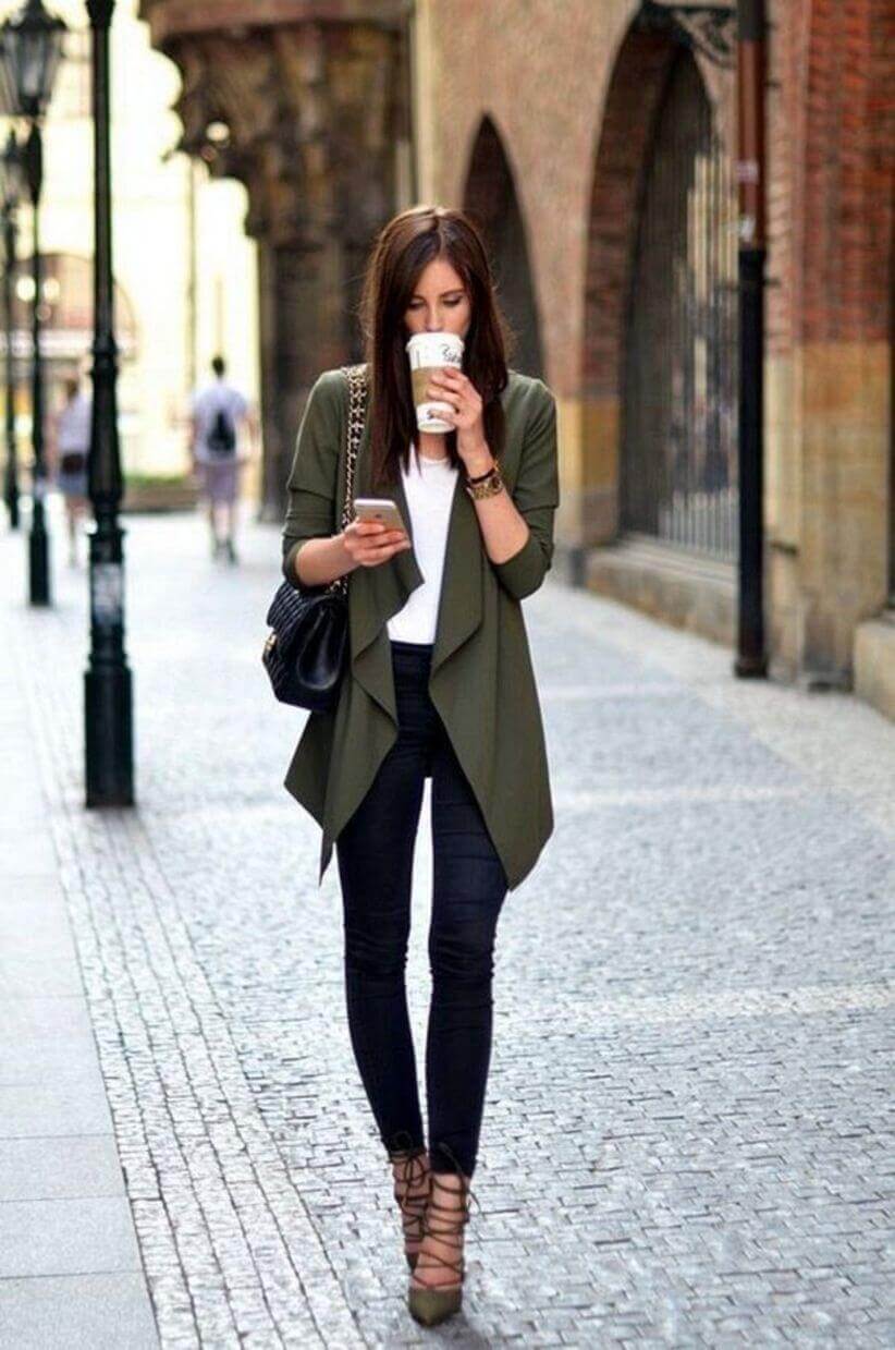 Olive Green Waterfall Jacket with Black Skinny, Low-Key Version — Trendy Casual Office Outfit
