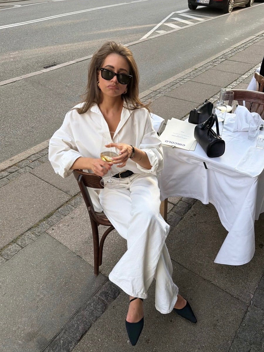 Monochromatic White Linen Outfit With Wide Leg Trousers — Trendy Casual Office Outfit