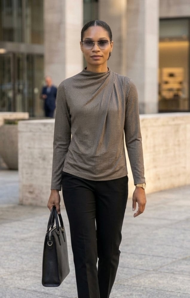 Brown Geometric Print Top with Black Straight Leg Trousers — Trendy Casual Office Outfit