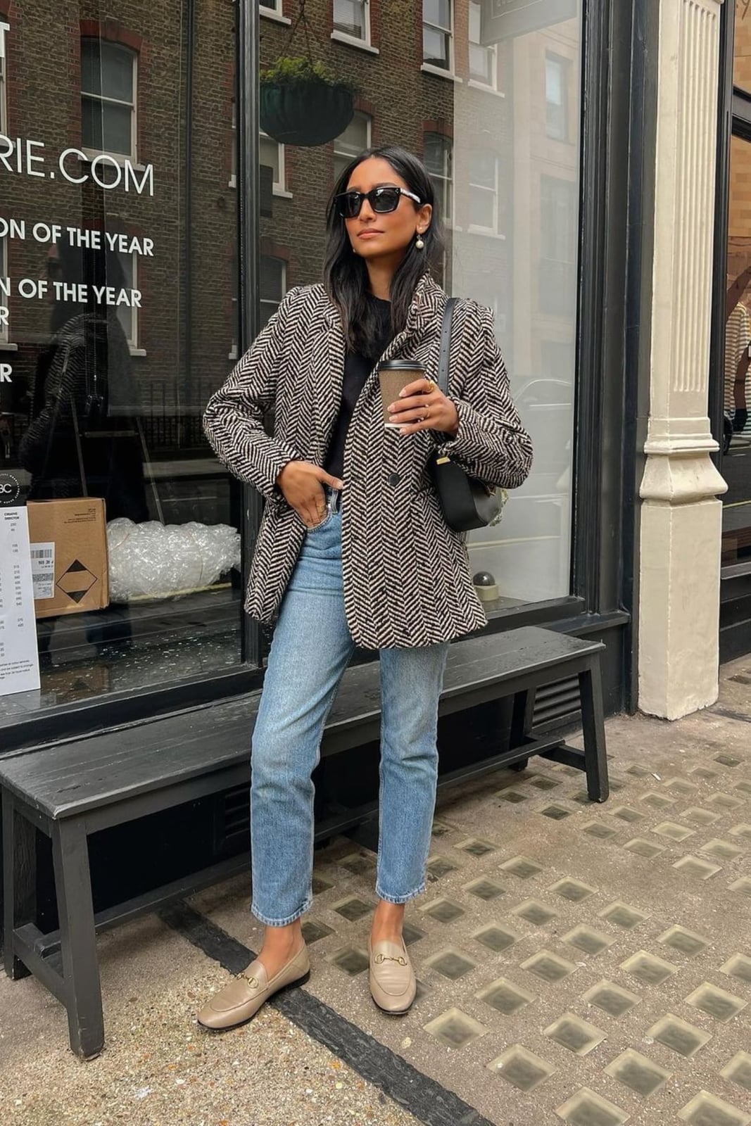 Herringbone Blazer with Straight Leg Jeans and Beige Leather Loafers — Trendy Casual Office Outfit