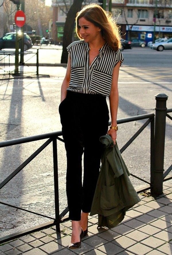 Black Trousers with Striped Sleeveless Blouse and Pointed-Toe Pumps — Trendy Casual Office Outfit