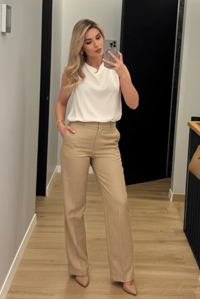Beige Wide Leg Trousers with Cowl Neck Top — Trendy Casual Office Outfit