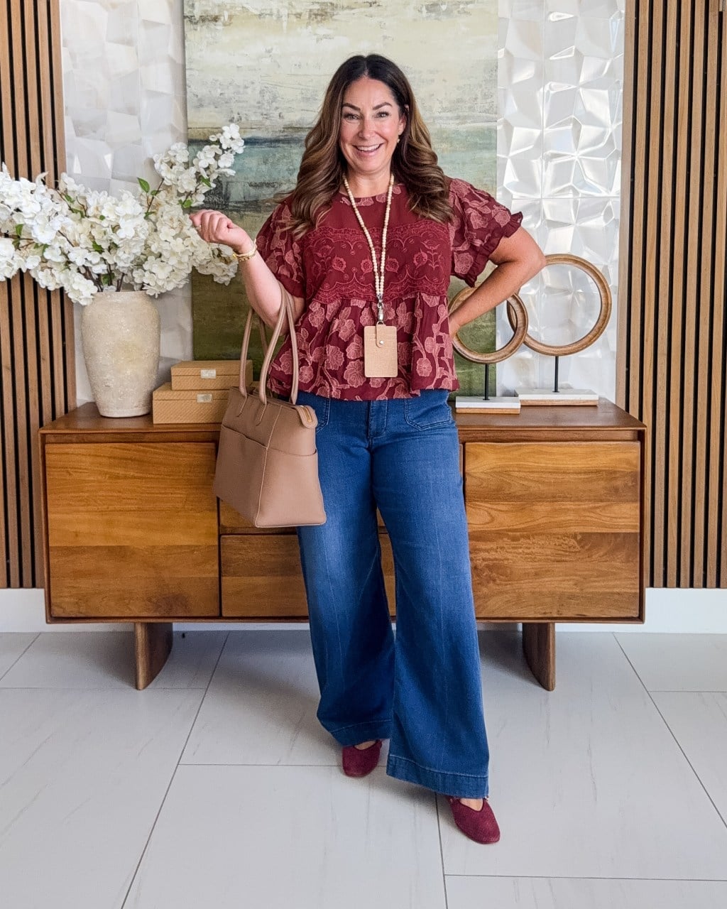 Wide Leg Denim Trousers with Patterned Top — Trendy Casual Office Outfit