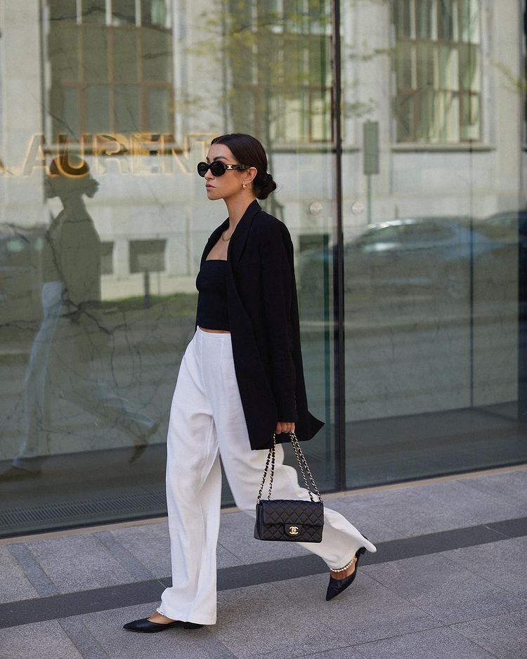 Oversized Black Blazer with White Wide Leg Trousers — Trendy Casual Office Outfit