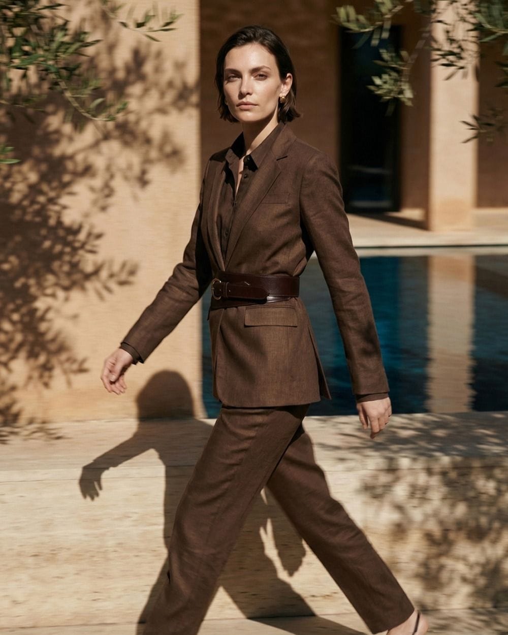 Brown Linen Blend Suit with Wide Leather Belt — Trendy Casual Office Outfit