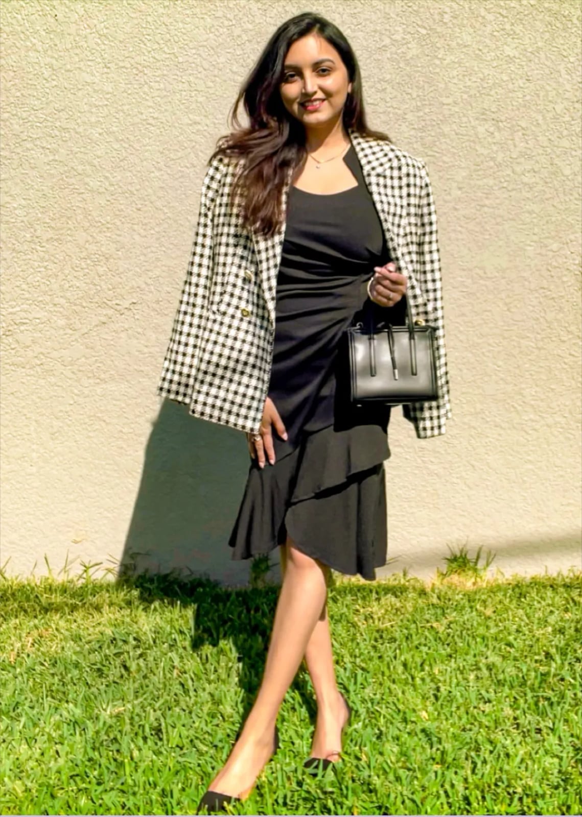 Black Dress with Gingham Blazer Draped Over Shoulders — Trendy Casual Office Outfit