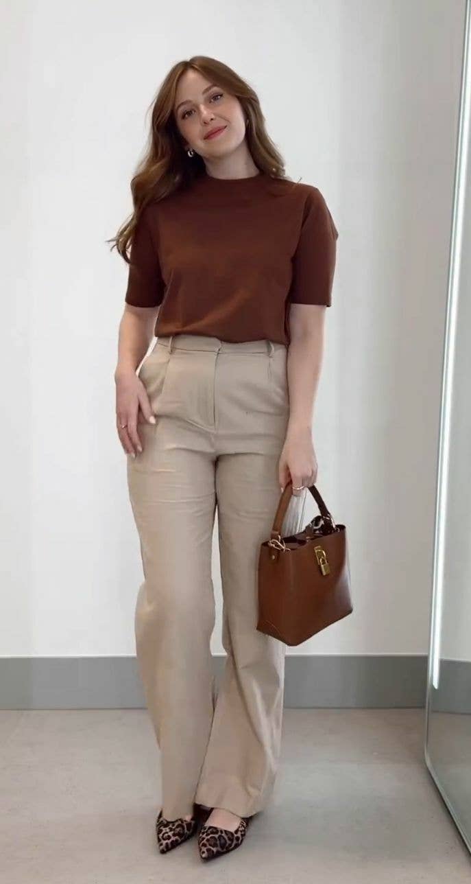 Brown Mock Neck Top with Beige Wide Leg Trousers and Pointed Toe Heels — Trendy Casual Office Outfit