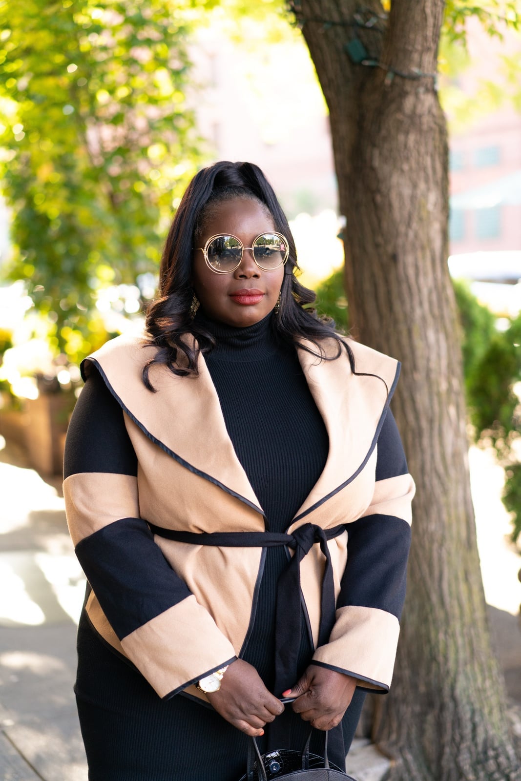 Black Turtleneck Dress with Contrast Panel Coat, Close-Up Take — Trendy Casual Office Outfit