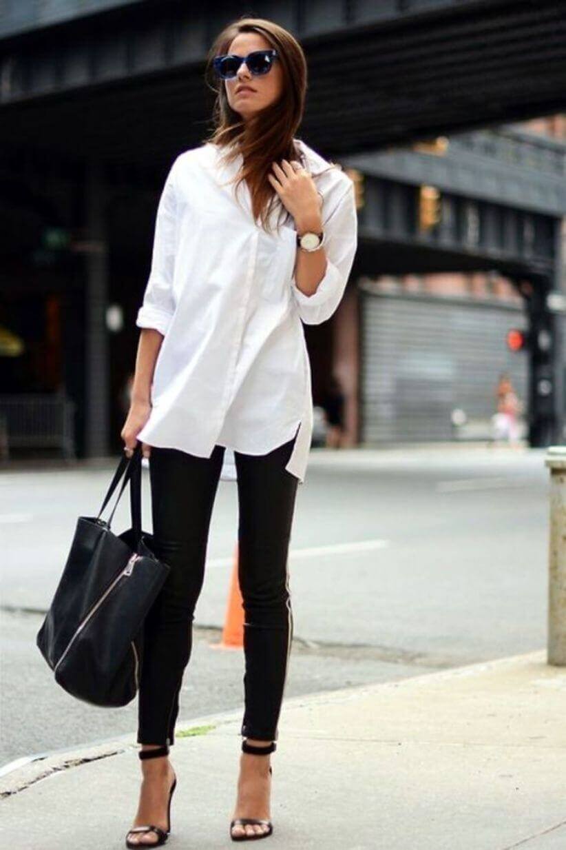 Oversized White Shirt with Black Skinny Trousers, Close-Up Take — Trendy Casual Office Outfit
