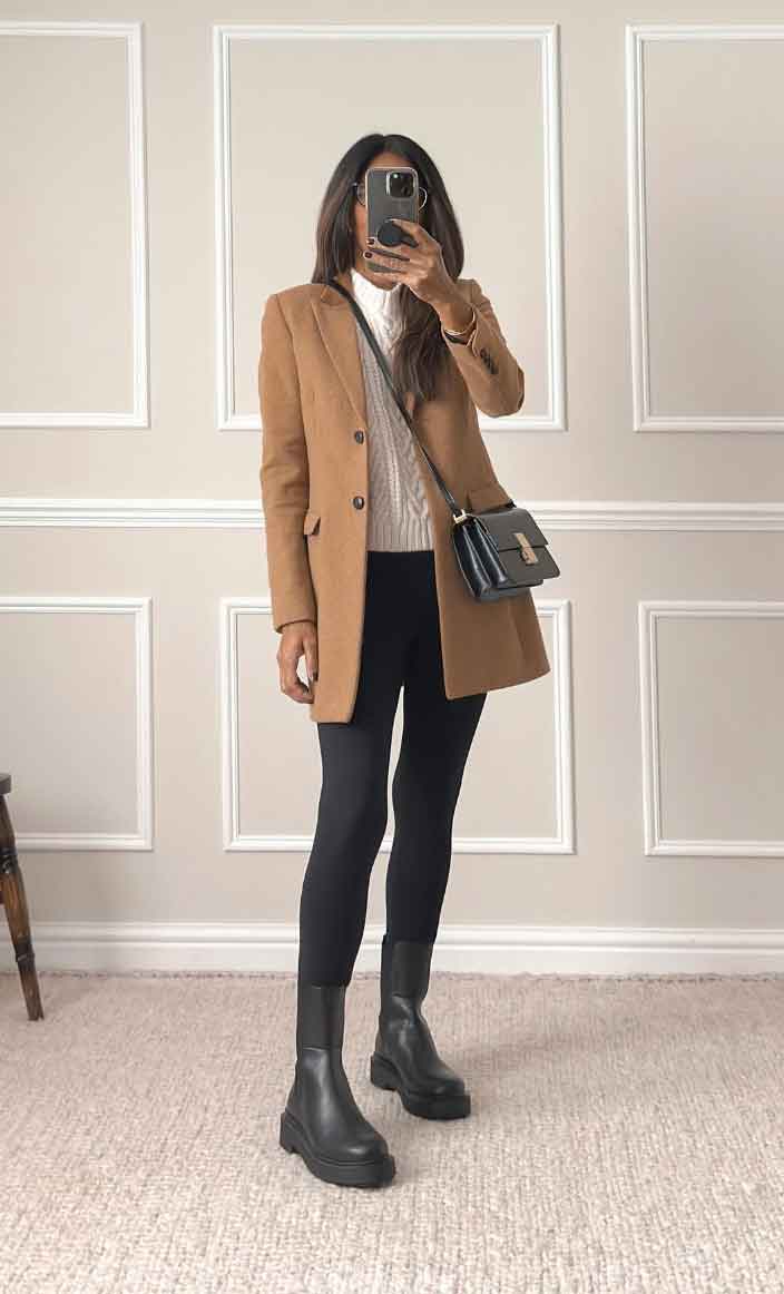 Camel Coat Over White Cable Knit and Black Leggings — Trendy Casual Office Outfit