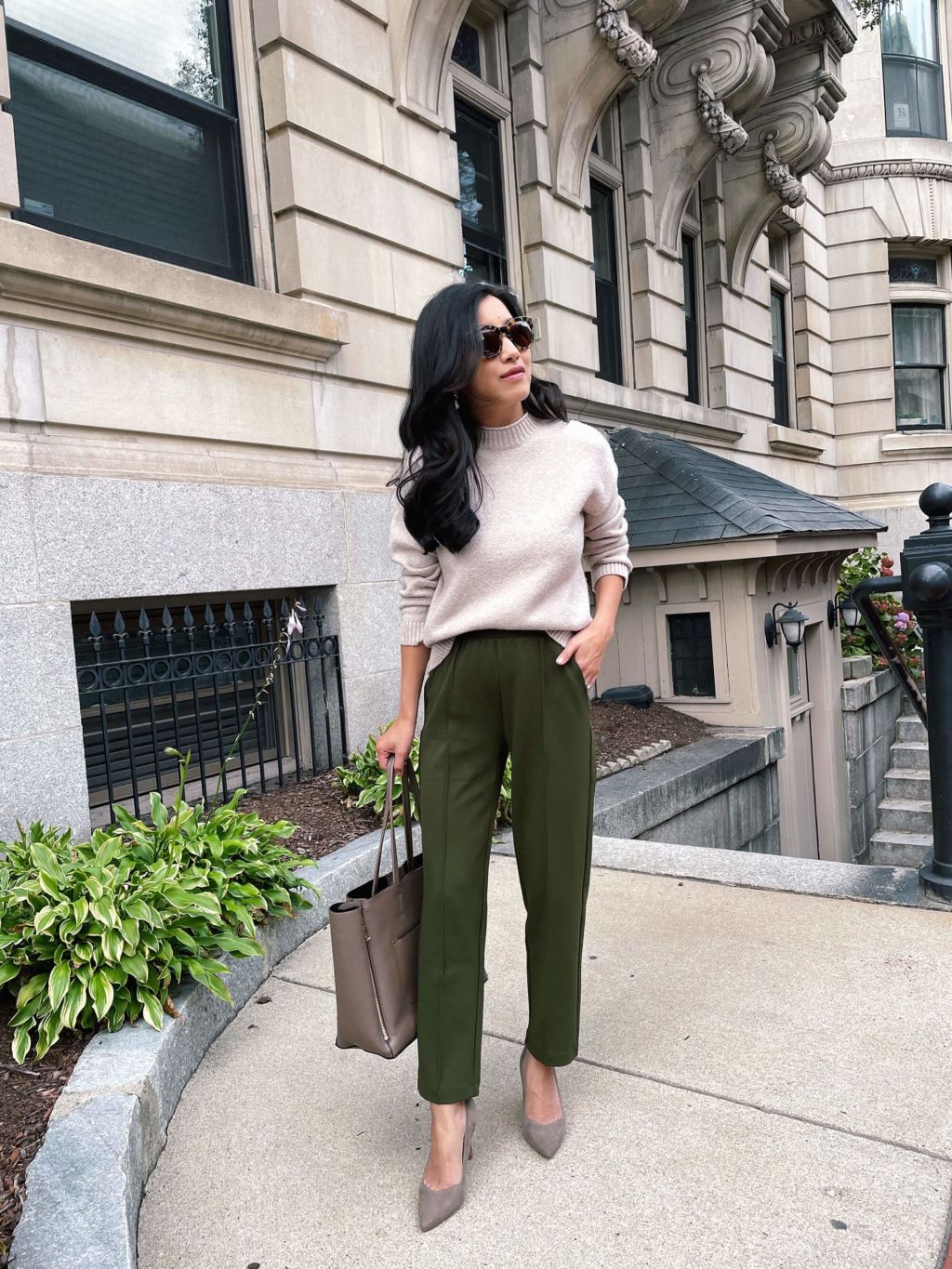 Beige Sweater with Olive Green Straight Leg Trousers — Trendy Casual Office Outfit