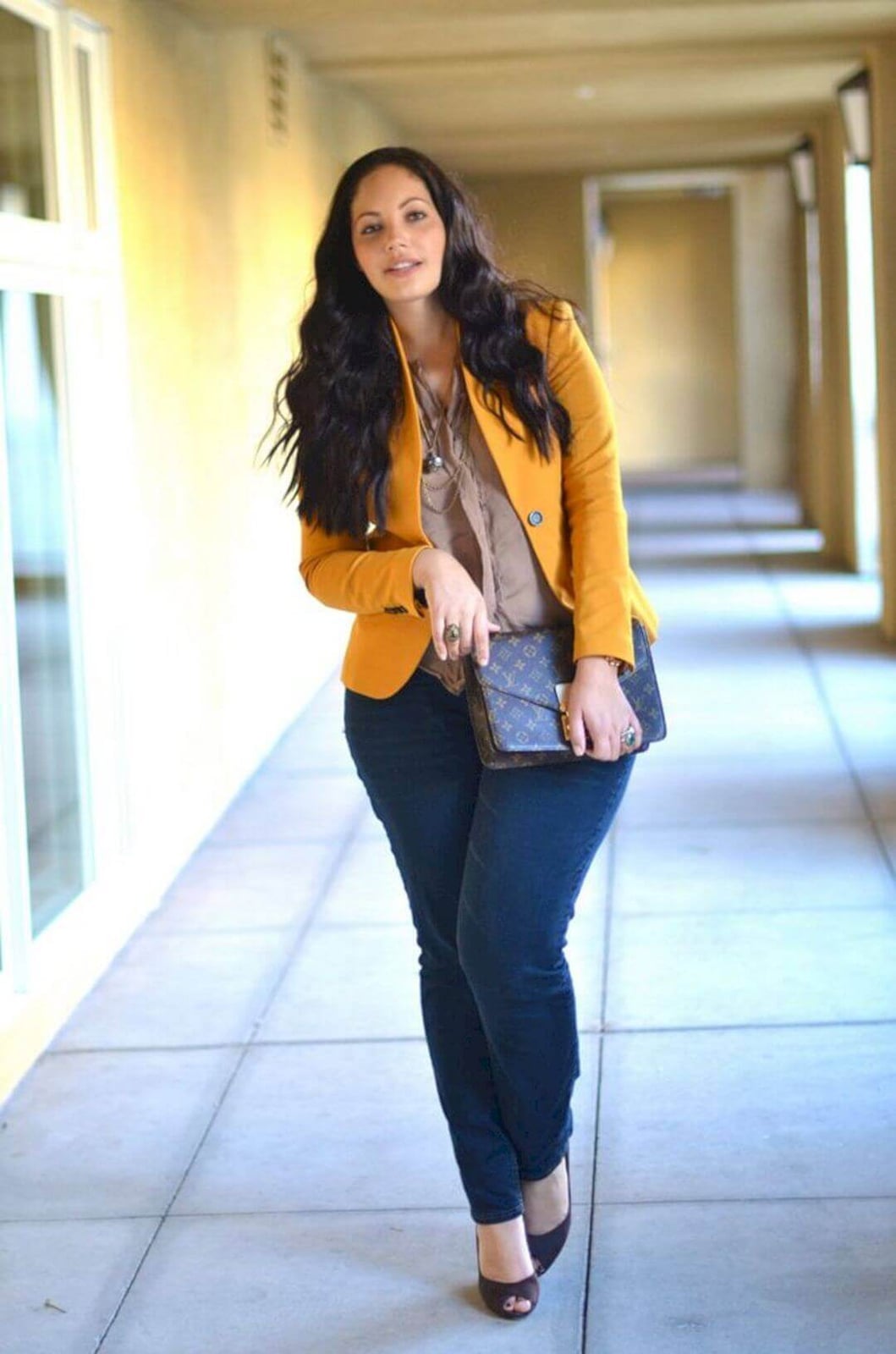 Mustard Yellow Blazer with Brown Blouse and Skinny, Close-Up Take — Trendy Casual Office Outfit