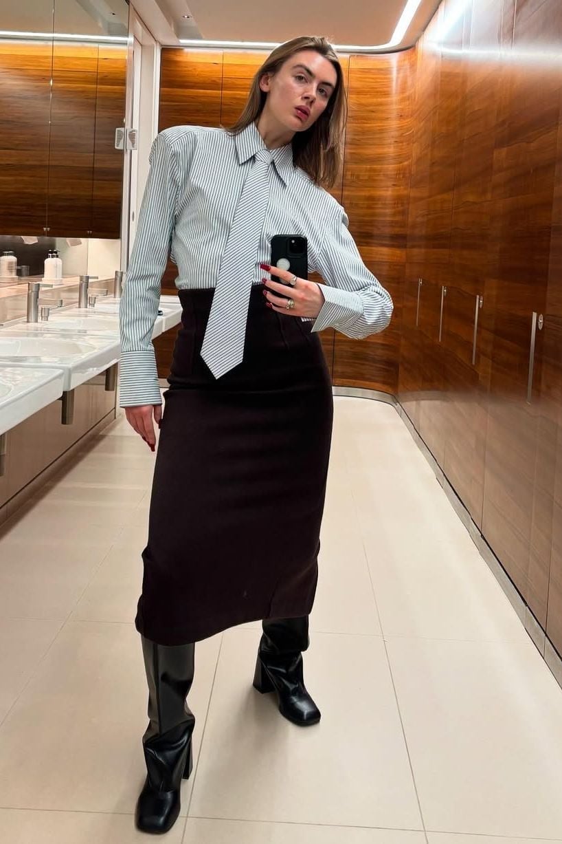 Striped Shirt with Exaggerated Shoulders and Midi Skirt, Close-Up Take — Trendy Casual Office Outfit