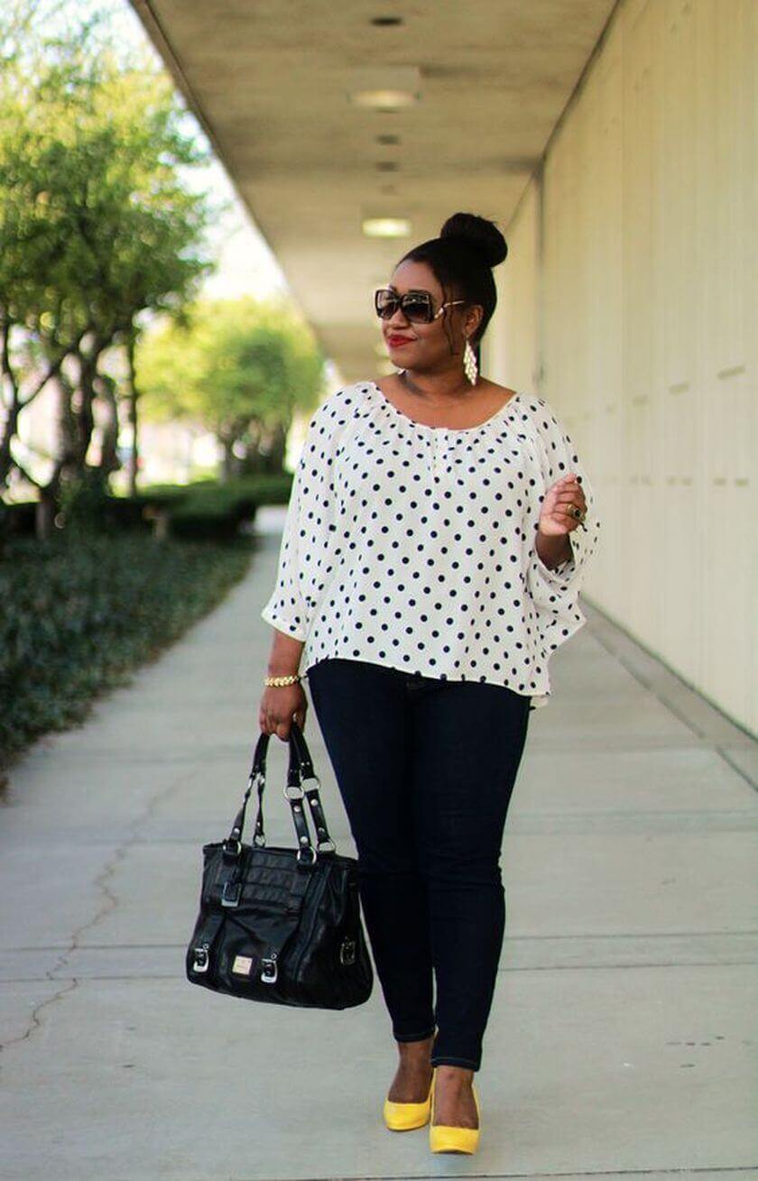 White Polka Dot Blouse with Yellow Pumps — Trendy Casual Office Outfit