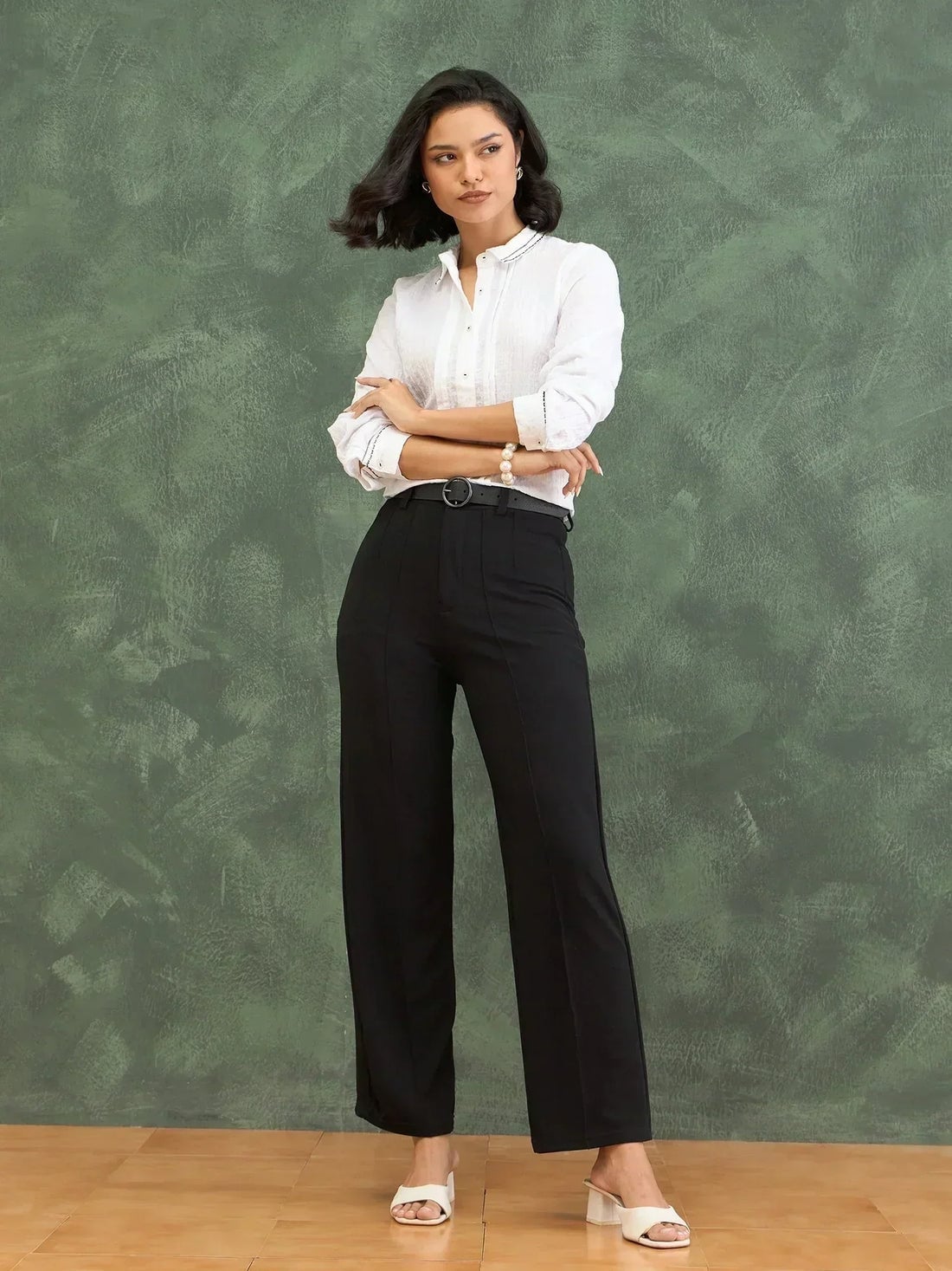 Embroidered White Shirt with Black Wide Leg Trousers, Cotton — Trendy Casual Office Outfit