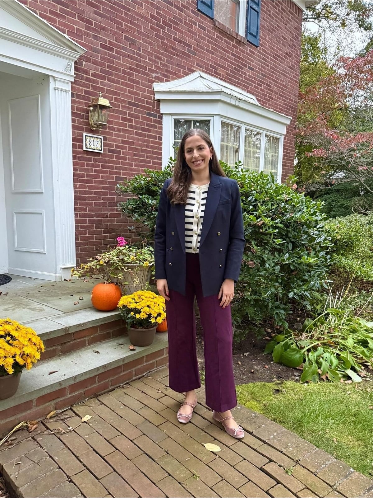 Navy Blazer with Burgundy Corduroy Trousers — Trendy Casual Office Outfit