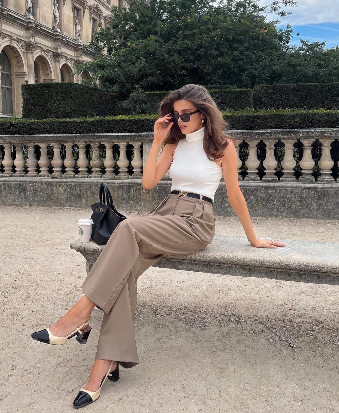 Taupe Wide Leg Trousers with White Sleeveless Turtleneck — Trendy Casual Office Outfit
