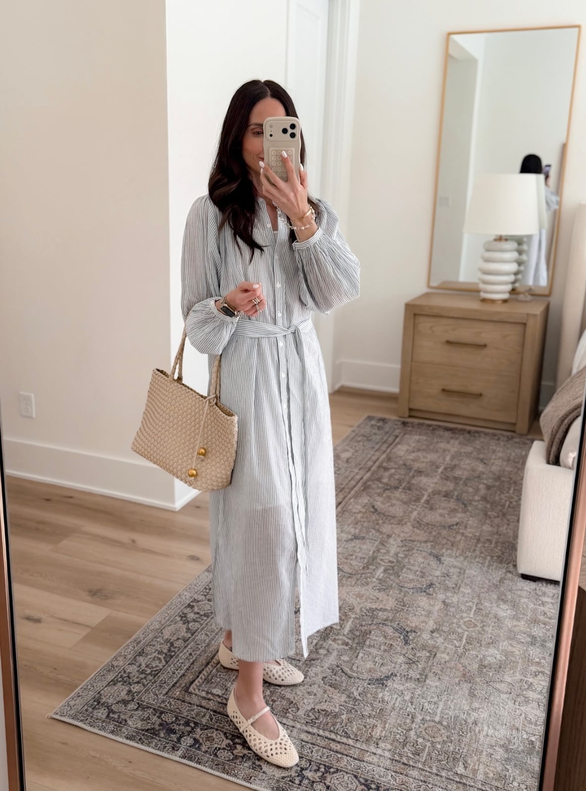 Striped Linen Maxi Dress with Woven Tote — Trendy Casual Office Outfit