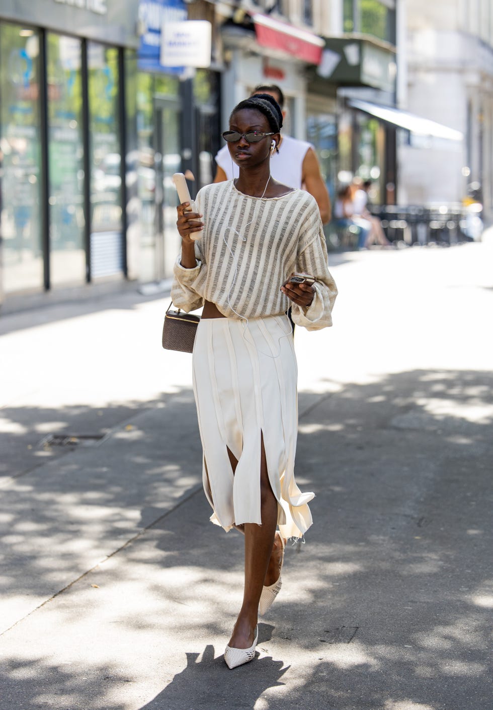 Striped Knit Sweater with Satin Midi Skirt Casual Party, Close-Up Take — Trendy Casual Party Outfit