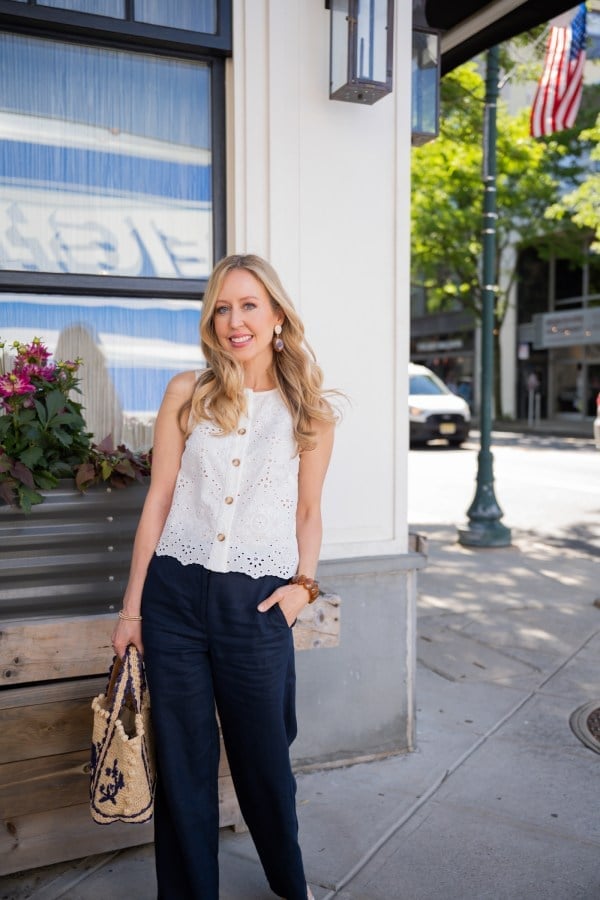 Broderie Anglaise Top with Navy Linen Trousers Casual Summer Outfit — Trendy Casual Party Outfit