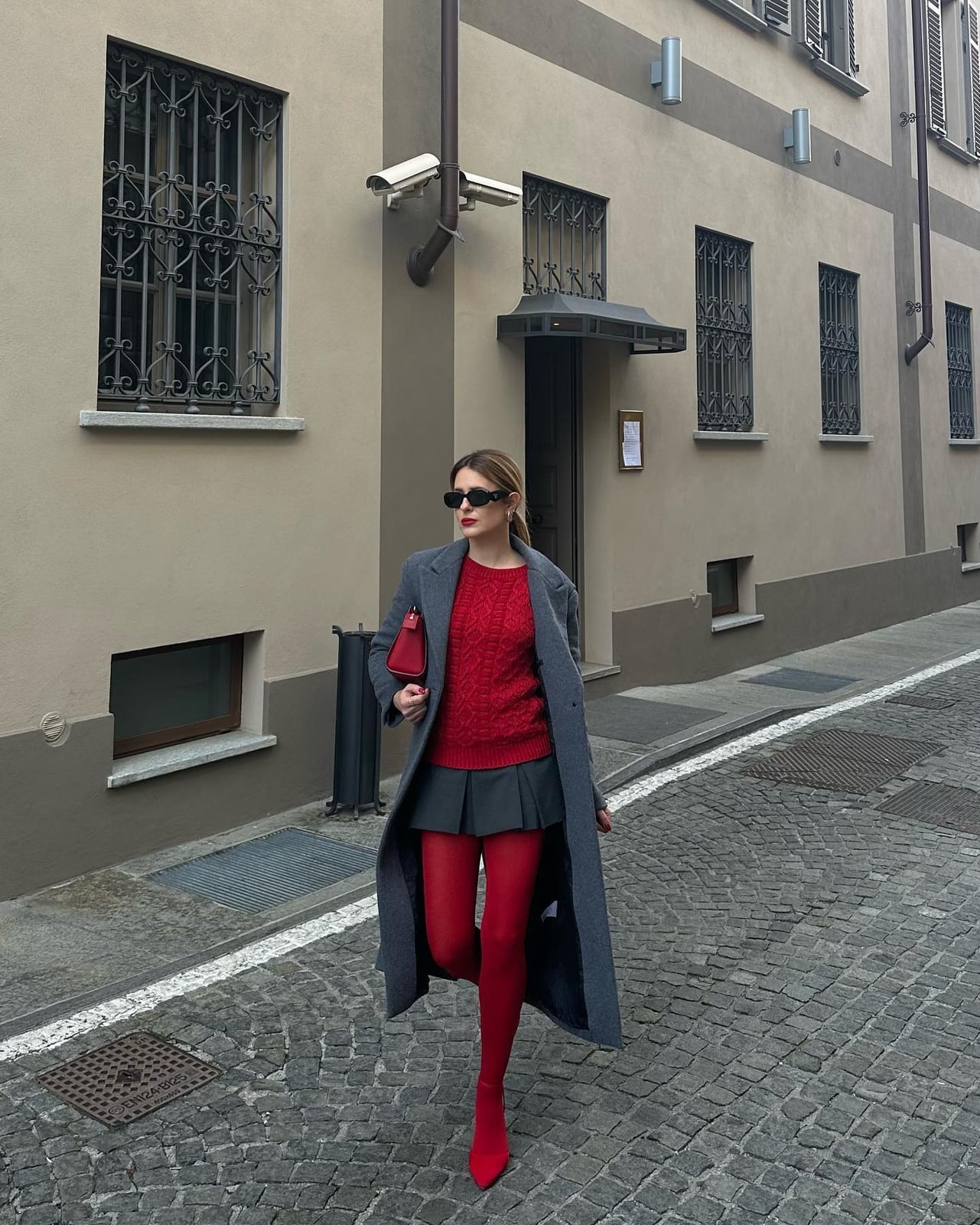 Gray Long Coat Over Red Sweater and Pleated Mini Skirt Casual Party — Trendy Casual Party Outfit